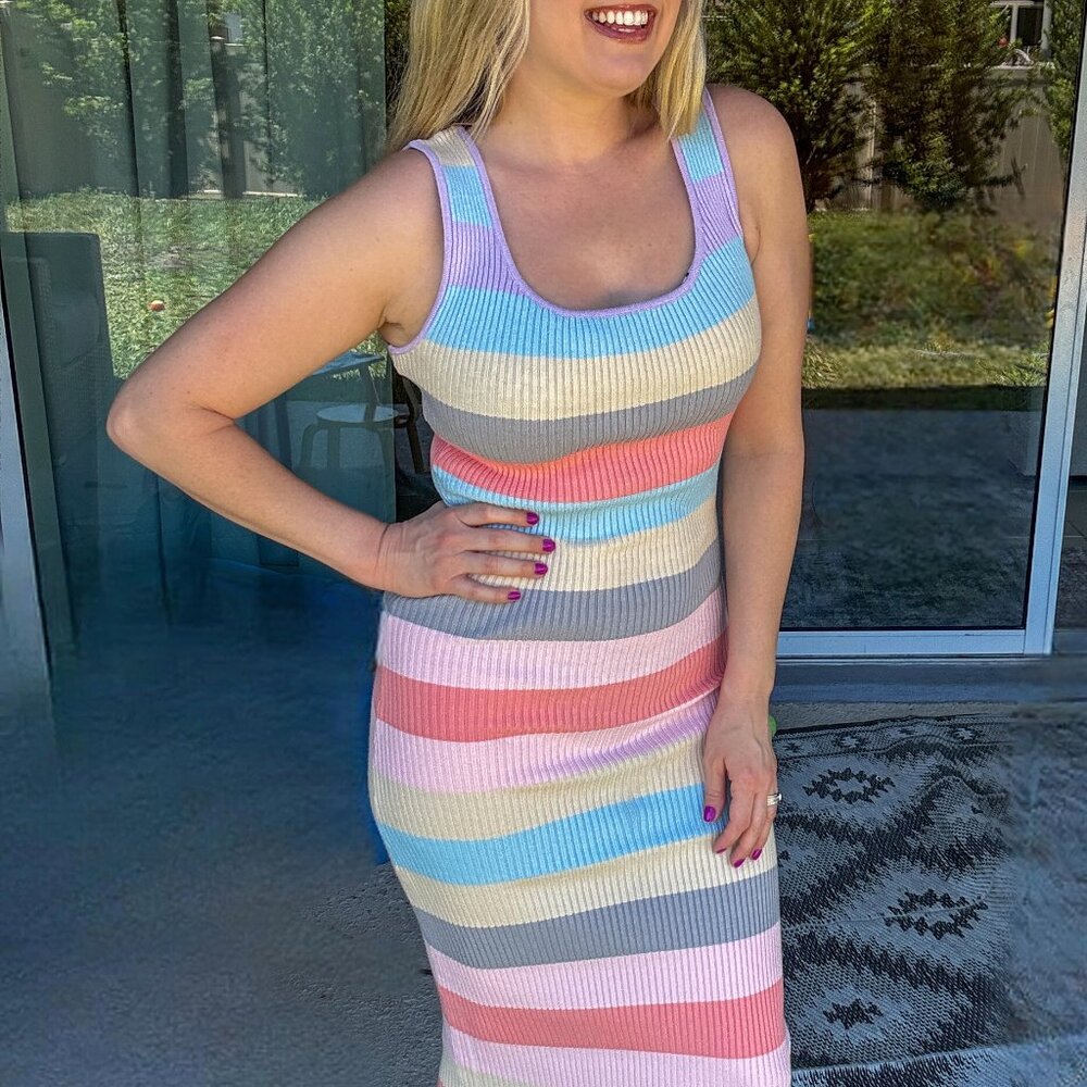 Contrast Striped Scoop Neck Wide Strap Knit Dress